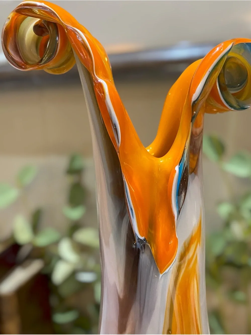 Vintage Murino Large 15” Hand Blown Art Glass Vase Fantastic Curled Rim Orange